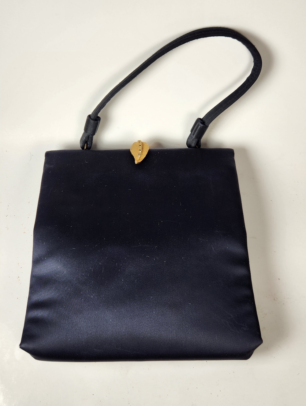 AFTER FIVE Evening Handbag Blue Satin Leaf Kiss Lock Vintage Made USA 60s Purse